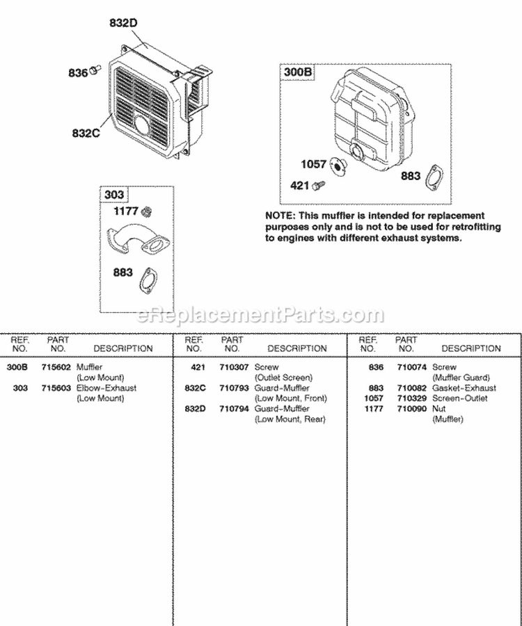 Exhaust System Low Mount Diagram and Parts List for 138432-0188-B1  Briggs and Stratton Engine